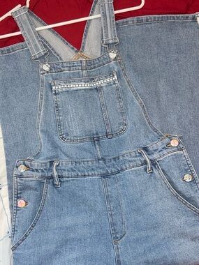 Reworked Denim Flare Overalls with Floral Cross Stitch Buttons and Details